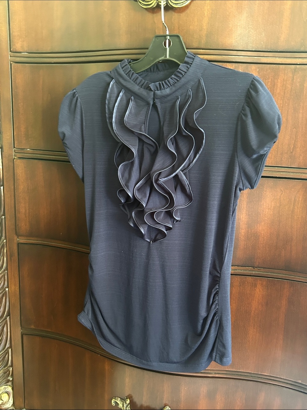 HeartSoul Black Ruffled Front Short Sleeve Blouse